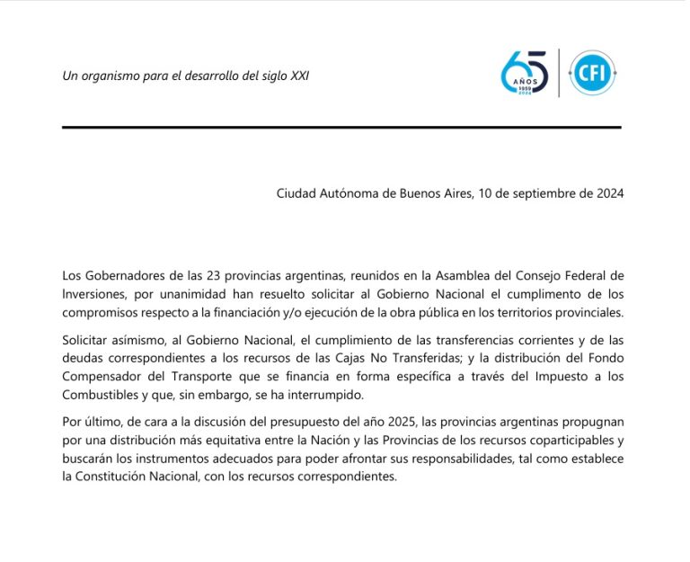 CARTA DE 23 GOBERNADORES A LA CASA ROSADA PARA RECLAMAR OBRA PÚBLICA
