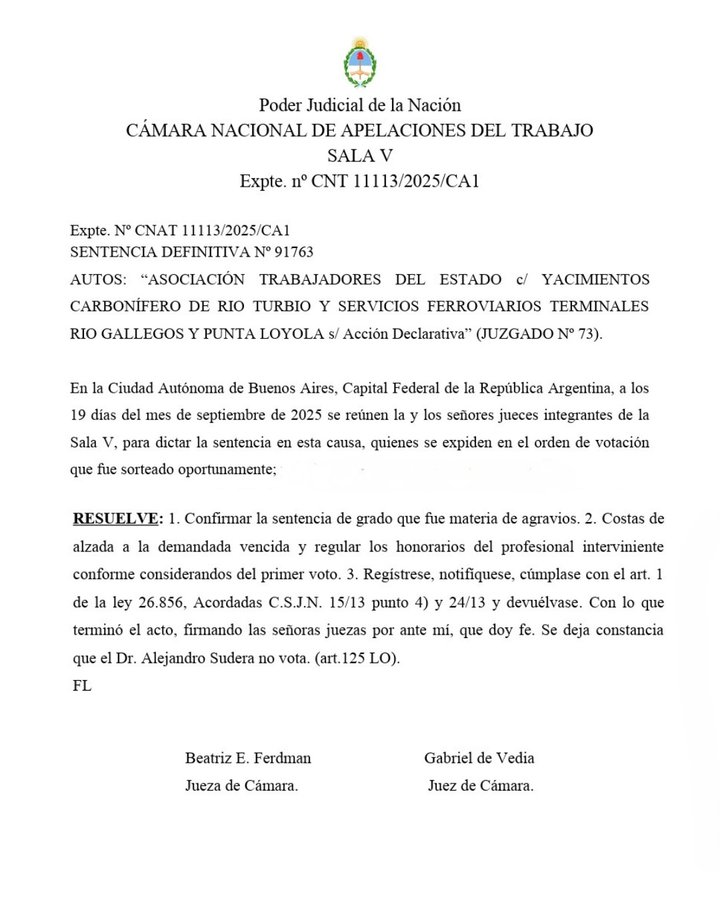 LA CÁMARA CONFIRMÓ SENTENCIA A FAVOR DE ATE POR YCRT!!